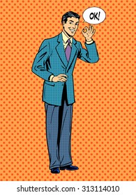 Man businessman says okay business concept success. Retro style pop art