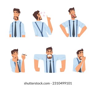 Man Businessman in Shirt and Tie Expressing Different Emotion Vector Set