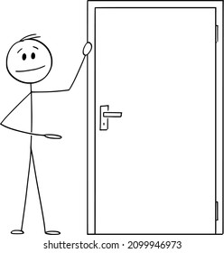 Hombre o hombre de negocios mostrando salida o puerta de entrada , figura vectorial de palo de dibujos animados o ilustración del personaje.