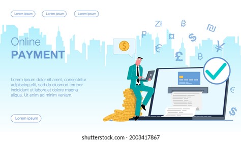 a man businessman sits on coins gold money with a computer near a laptop from which a check is printed about the online  payment of a transaction with a credit card around currency icons vector flat i