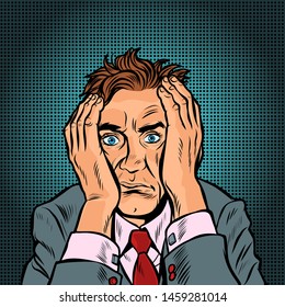 man businessman stress headache. Pop art retro vector illustration vintage kitsch 50s 60s