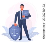 A man businessman in a suit, a lawyer, advocate holds a law book and a shield with scales in his hands. The concept of justice, the services of a lawyer, lawyer, defender in court. Vector illustration