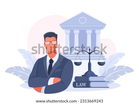 Man businessman in a suit. Profession lawyer, judge, advocate, notary. Scales and the courthouse. The concept of justice, services of a lawyer, advocate, legal protection in court. Vector illustration