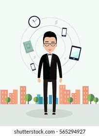 Man businessman with the tablet, phone, book, clock and  book in the city.  Flat vector character.Set of flat icons. Computer, gambling, graphic, the table