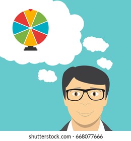 Man Businessman Thinks about Wheel of Fortune, Lucky Icon. Vector Illustration EPS10