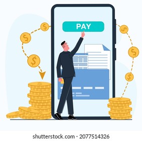 a man businessman uses a mobile bank on a smartphone conducts an operation payment transaction from the application money is flying currency coins gold vector flat illustration