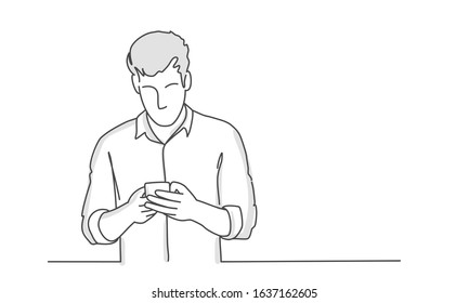 Man or Businessman uses a smartphone while standing. Line drawing vector illustration.
