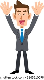 
A man of businessmen who is happy to raise both hands