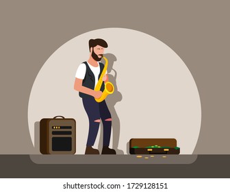 Man busking playing saxophone, street musician performance in cartoon flat illustration vector