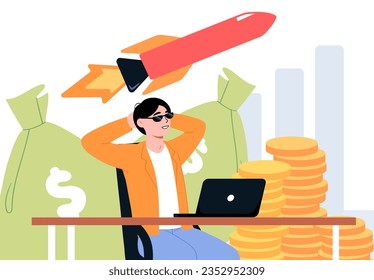 Man with bussines concept. Young guy sitting in chair near laptop and gold coins. Entrepreneur launch start up and project. Financial literacu and passive income. Cartoon flat vector illustration