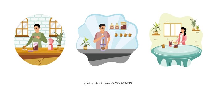 A man is busy grinding coffee in a cozy kitchen. Barista Prepares Favorite Coffee using a manual grinder in a cozy cafe.  Young Smiling Woman Standing In Kitchen Interior, Holding French Press.