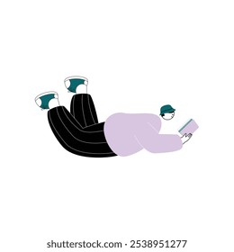 A man is busy reading a book while lying down, vector illustration of people's activities.
