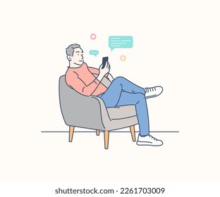 A man busy with smart phone on the sofa, hand drawn style vector design illustration