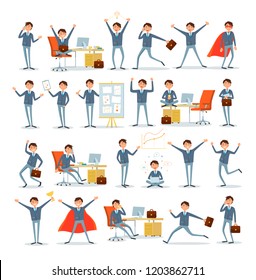 Man busy with work, businessman characters at work vector. Superhero and director talking on phone. Presenter on meeting, employer with plan in office