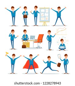 Man busy with work, businessman characters at work vector. Superhero and director talking on phone. Presenter on meeting, employer with plan in office