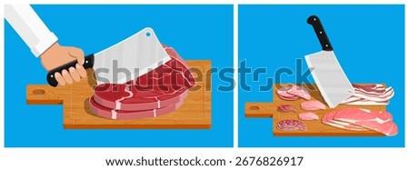 Man butcher cutting raw meat on wooden board with cleaver. Food preparation concept for menu or recipe.