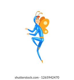 Man in butterfly costume, funny person at carnival party or masquerade vector Illustration on a white background