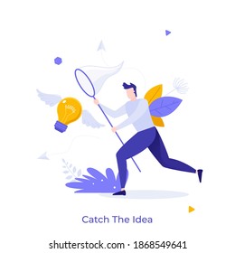 Man with butterfly net catching flying winged lightbulb. Concept of chasing or pursuing innovative business idea, creative thinking, brainstorm. Modern flat vector illustration for banner, poster.