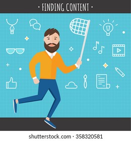 Man with Butterfly Net Surrounded by Internet Icons. Finding Content Concept Illustration. 