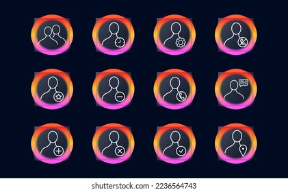 Man with a button icon set. Library settings, favorites, correspondence, chat tick, cross, checkmark. Knob concept. Glassmorphism style. Vector line icon for Business