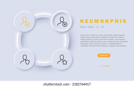 Man with button set icon. Check mark, success, cross, failure, rejected, accepted, protection, shield, security, star, favorite, file, data set. Neomorphism style. Vector line icon for Business