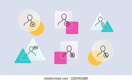 Man with button set icon. Check mark, cross, approved, rejected, accepted, completed, pointer, route, call, silence mode. Glassmorphism style. Vector line icon for Business and Advertising
