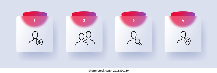 Man with button set icon. Dollar, paid, magnifying glass , Add new information, search button, error, checkmark, ok, done, check. File concept. Glassmorphism style. Vector line icon for Business