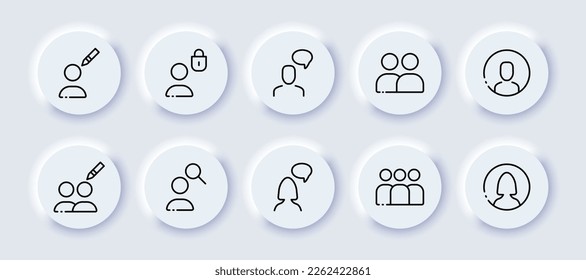 Man with button set icon. Pen, lock, speech bubble, message, society, magnifier, find, search, button for social media. Feedback concept. Neomorphism style. Vector line icon for Advertising
