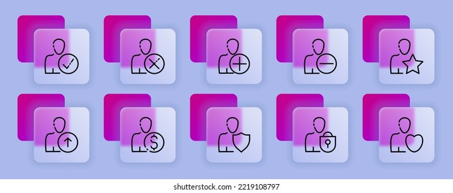 Man with button set icon. Plus, minus, star, gear, dollar, clock, tick, cross, pointer. Add, delete, favorites, settings, time, protection, etc. Glassmorphism style. Vector line icon for Business