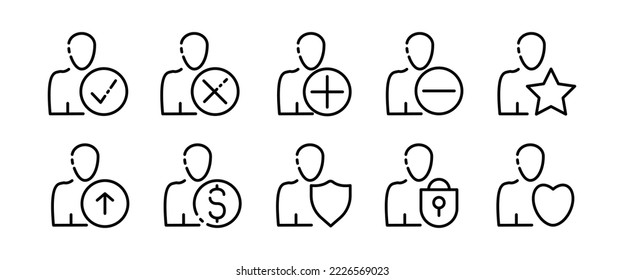 Man with button set icon. Plus, minus, star, gear, dollar, clock, tick, cross, pointer. Add, delete, favorites, settings, time, protection, etc. Vector black set icon on a white background