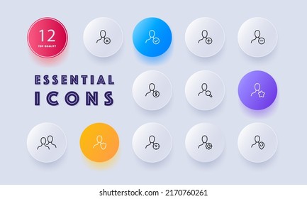 Man with button set icon. Private information, payment, magnifier, search, geolocation, plus, minus, pointer, favourite, destinations, group of people. Neomorphism style. Vector line icon for Business