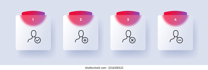 Man with button set icon. Tick, plus, minus, cross, Add new information, delete button, error, checkmark, ok, done, check. File concept. Glassmorphism style. Vector line icon for Business