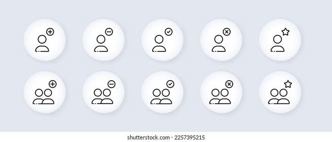 Man with button set icon. Tick, watch, setting, time, gear, like, star, important, checkmark, favourite, plus, setup, defense, protect, minus. Neomorphism style. Vector line icon for Advertising