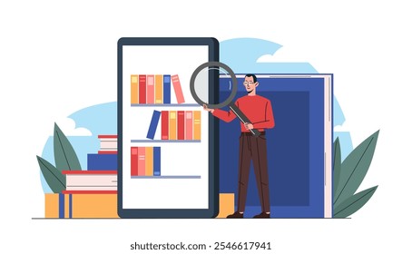 Homem compra livros online. Cara com lupa perto do smartphone com estante na tela. Loja eletrônica e loja, marketing na internet. Amor por leitura e literatura. Ilustração de vetor plano