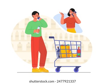 Man buy groceries. Young guy talking to girl on phone and asks for shopping list. Shopper with cart with natural products. Client in market or store. Cartoon flat vector illustration