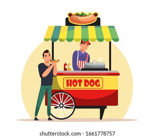 Man buy hotdog at fastfood street market on wheel. Guy eating sausage in bun outdoor. Salesman cooking junk meal. Seller and customer on shopping stall marketplace. Vector service illustration
