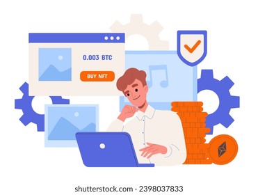 Man buy nft concept. Young guy with cryptocurrency and blockchain technology. Digital commerce and shopping on internet. Cartoon flat vector illustration isolated on white background