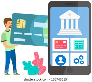 A man buy on online commerce. Online business illustration with buyer pays online. Male character inserts the payment plastic card into smartphone and makes purchases in the store using the Internet