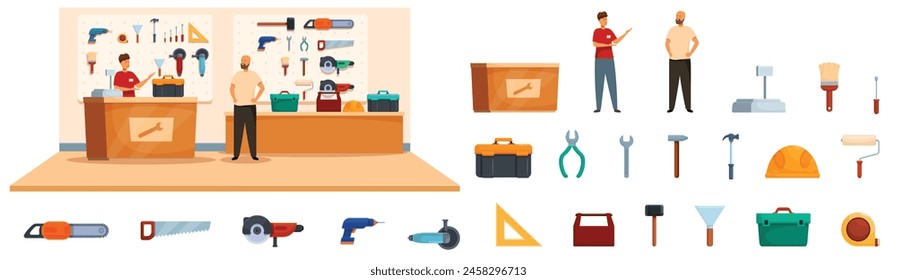 Man buy toolbox icons set cartoon vector. Construction fixing. Sale equipment