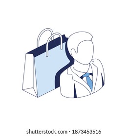 Man buyer and Bag purchases. Vector 3d line isometric, color web icons, new flat style. Creative illustration, idea for infographics.