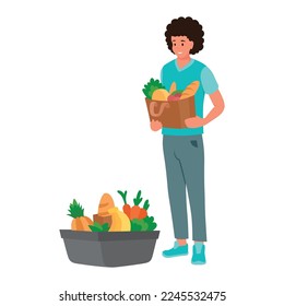 Man buyer at grocery shop with paper package and case box full of food isometric vector illustration. Male enjoy shopping with fruits vegetables bread commercial consumerism groceries goods purchase