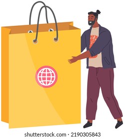 Man buyer is shopping. Bearded guy with big package. Vector customer illustration in cartoon style. Smiling young male character standing with paper bag. Consumerism concept, discount season