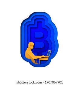 Man buying bitcoin stock, crypto currency finance concept. 3D paper cut illustration of person doing trade online with cryptocurrency symbol cutout. Web economy design on isolated white background.
