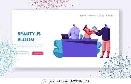 Man Buying Bouquet in Flower Shop. Customer Visiting Floristic Store for Choosing and Buying Present, Florist Profession, Job. Website Landing Page, Web Page. Cartoon Flat Vector Illustration, Banner