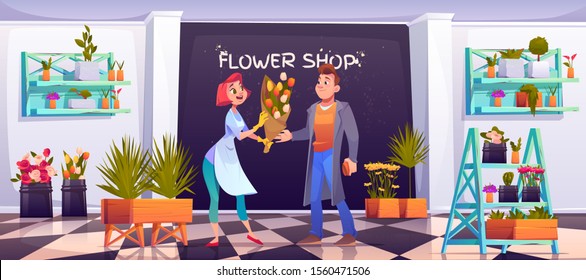 Man buying bouquet in flower shop, saleswoman and customer in floristic store with potted plants on shelves, tiled floor, decoration items, blossom compositions for sale. Cartoon vector illustration