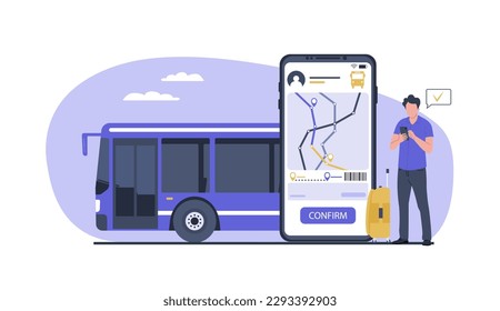 A man buying bus ticket online on smartphone. Vector illustration.