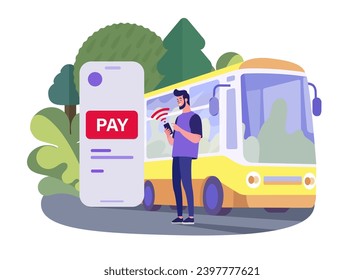 Hombre comprando un billete de autobús en línea con un telón de fondo de teléfono inteligente de la naturaleza. Reserve y compre un billete de autobús. Viajes, concepto de turismo. Viaje, compra de boletos para el bus en la aplicación móvil online .Pago sin contacto .