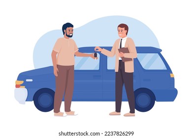 Man buying car 2D vector isolated illustration. Purchasing auto. Happy owner. Male seller consultant flat character on cartoon background. Colorful editable scene for mobile, website, presentation