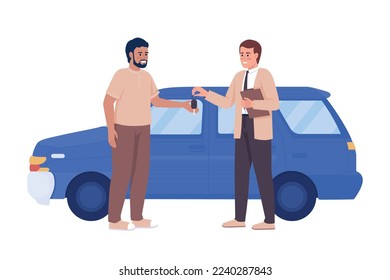 Man buying car 2D vector isolated illustration. Purchasing auto. Male seller consultant flat character on cartoon background. Colorful editable scene for mobile, website, presentation