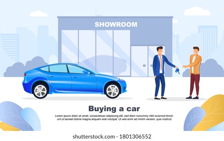 Man buying a car from a motor dealership with the salesman handing him the keys, colored vector illustration